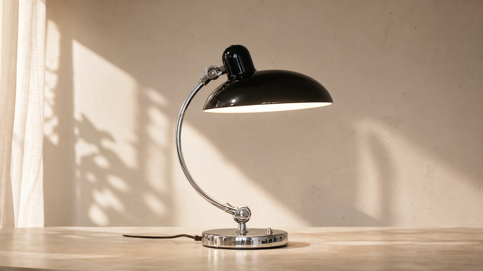 Lampa biurkowa Retro Curve M27 w ciepłej scenerii wnętrza