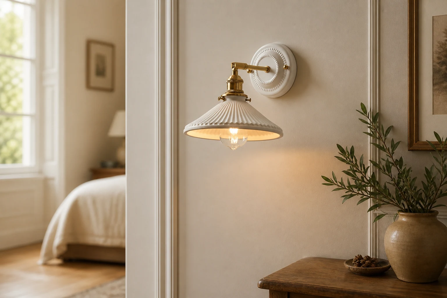 Ceramiczny mosiężny kinkiet ścienny w wewnętrznej scenie stylu życia