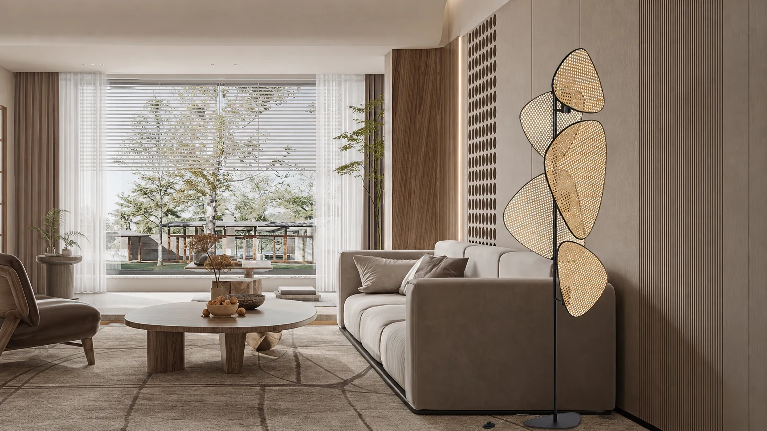 Kreatywna lampa podłogowa z naturalnego rattanu M330 w ciepłej scenerii wnętrza