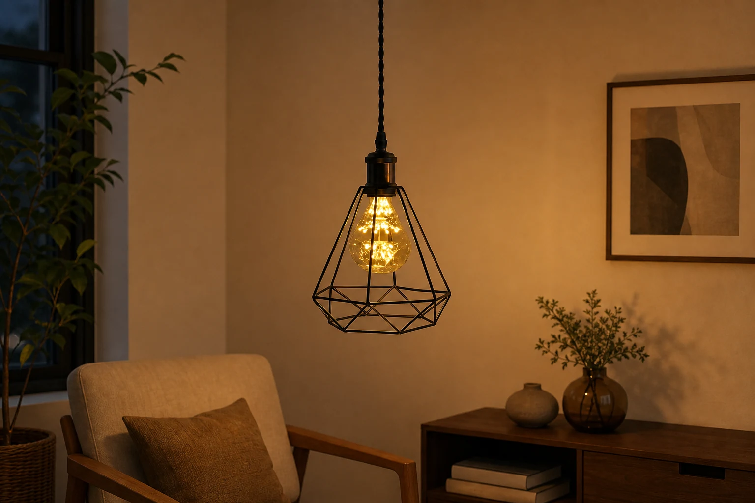 Lampa wisząca ART Cage w ciepłej scenie pomieszczenia z produktem w kontekście