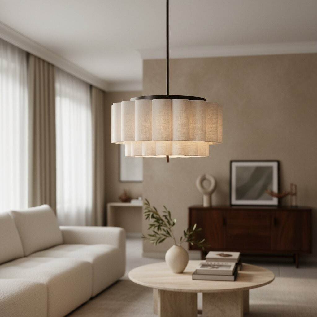 Linbron Flush Pendant - Scalloped Linen Shade Bronze Finish Modern Ceiling Light for Dining Room T479