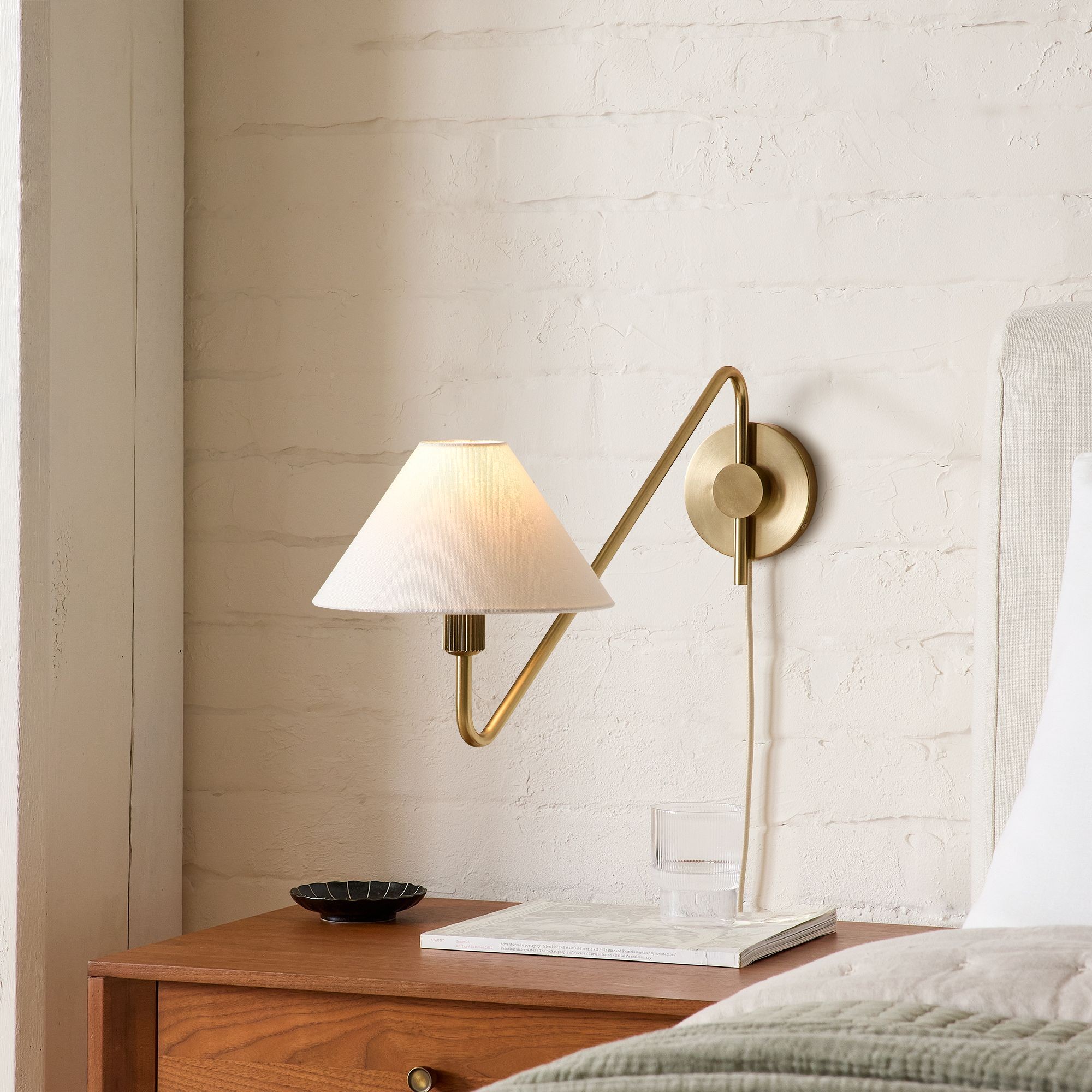Diora Plug-In Wall Sconce - Champagne Bronze Adjustable Arm Lamp with Linen Shade T200
