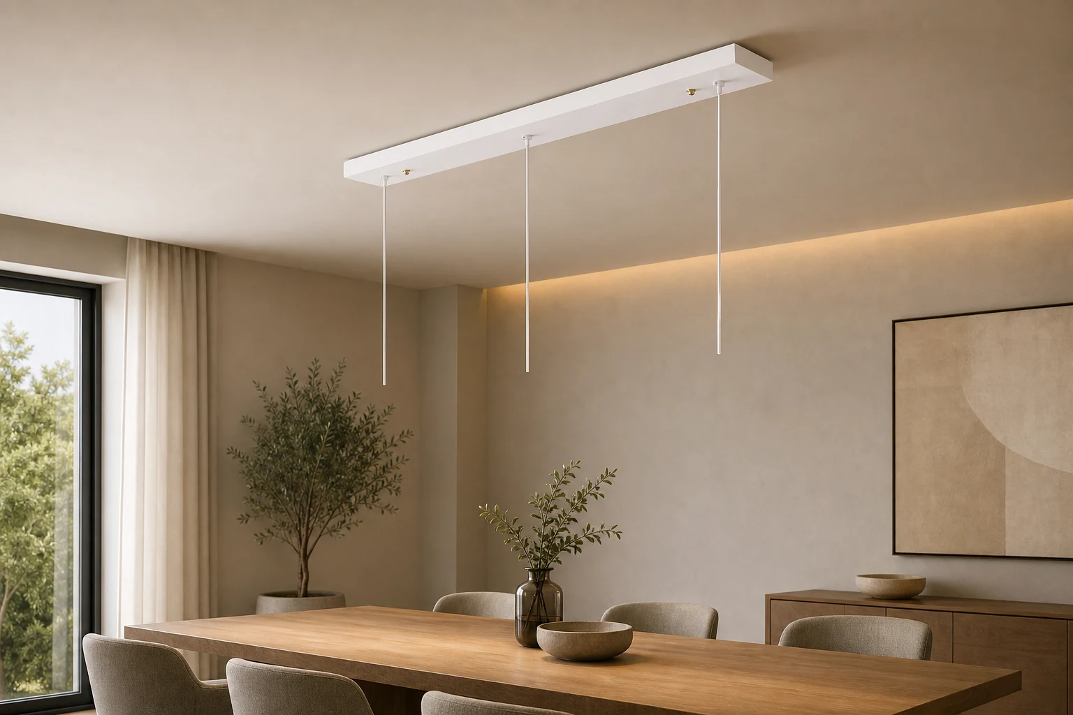 White rectangular panel in a room setting with pendant lights