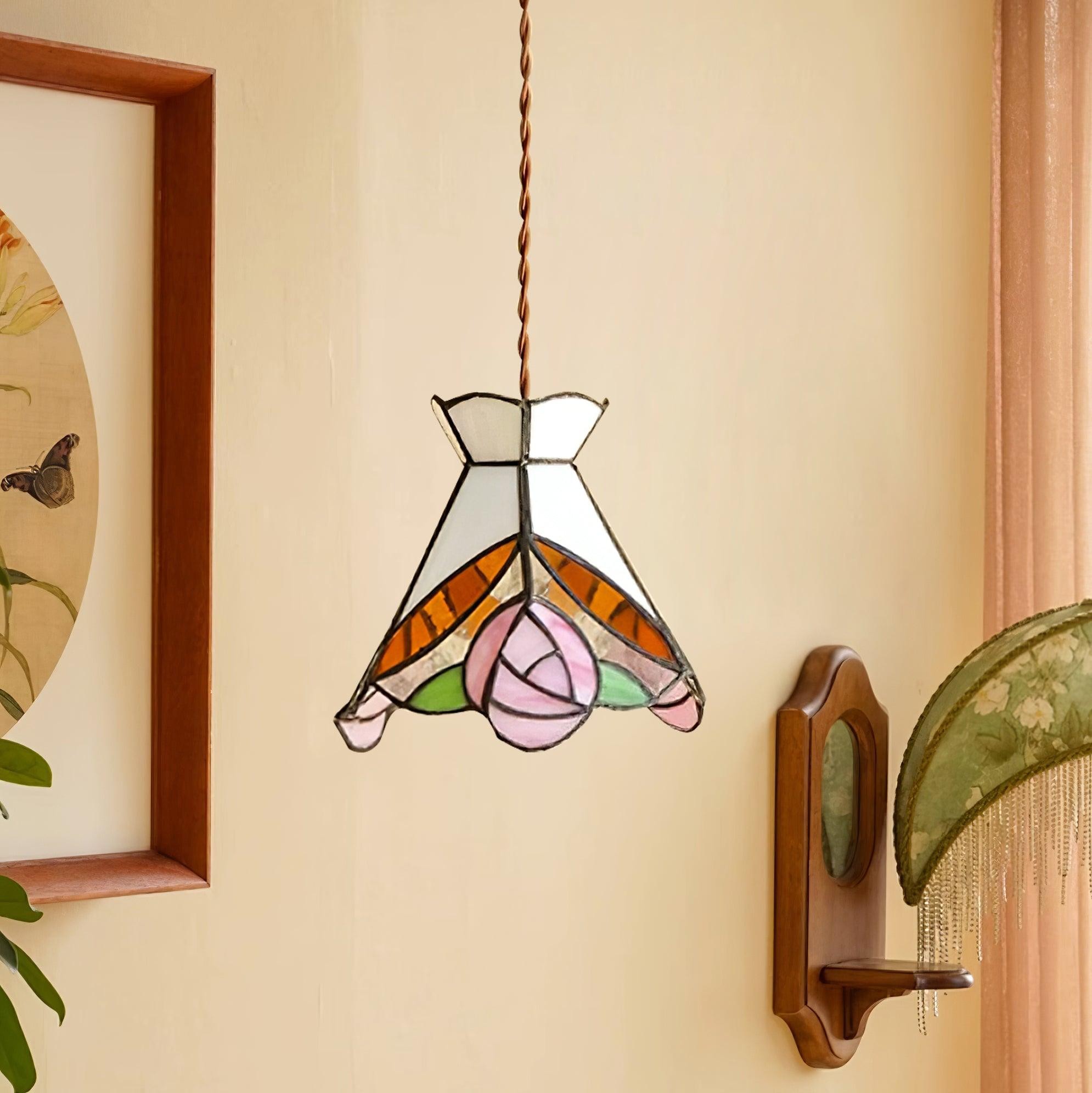 French Retro Rose Stained Glass Pendant Lamp M190