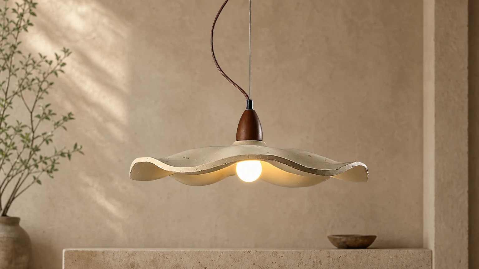 Cementowa lampa wisząca M80 w japońskim stylu Wabi-Sabi w pomieszczeniu wewnętrznym
