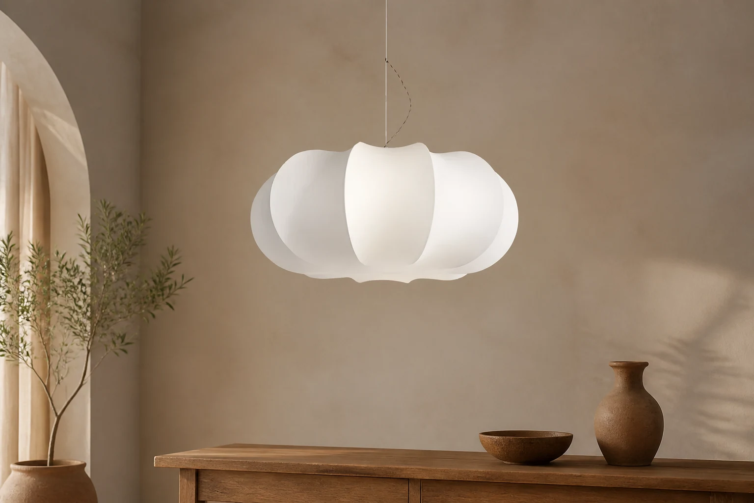Płaska okrągła jedwabna lampa wisząca w scenie pokoju lifestylowego