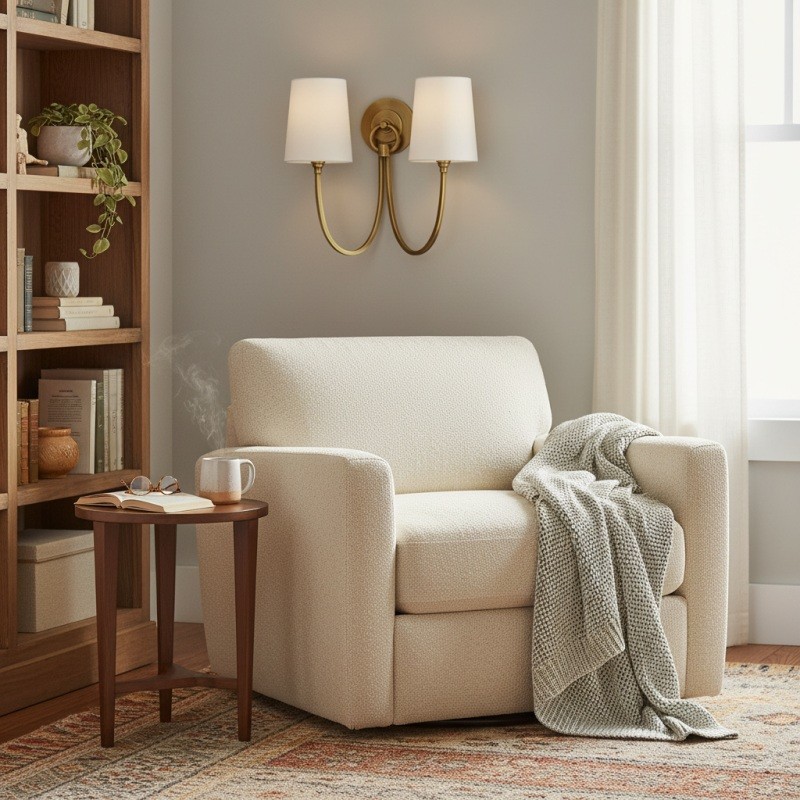 Roven Modern Double Wall Sconce with Curved Arms and Fabric Shades - Classic Accent Lighting for Bedroom T657