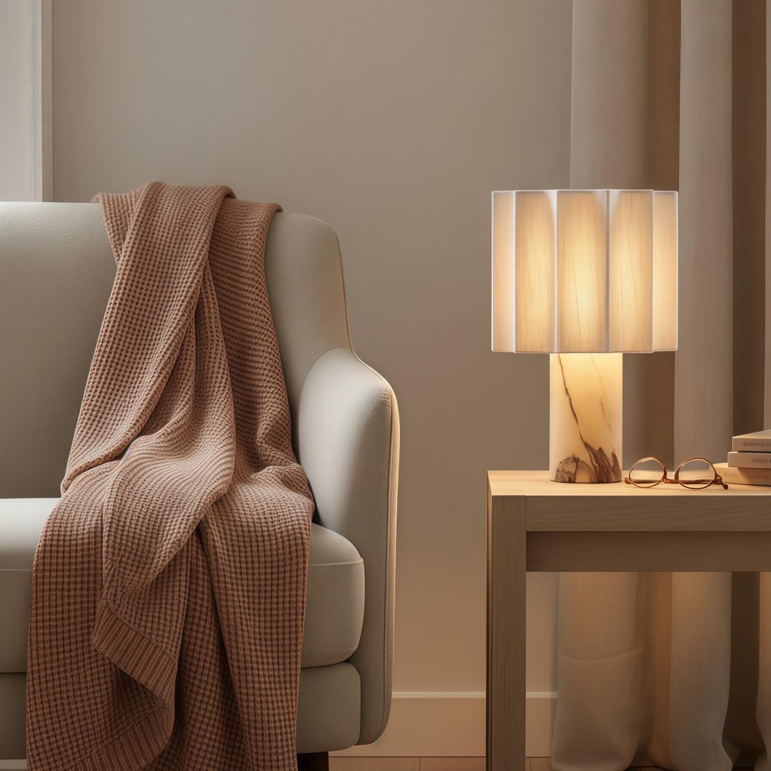 Cavilon Table Lamp with Fan-Shaped Linen Shade - Stone Finishes Suitable for Living Rooms T476