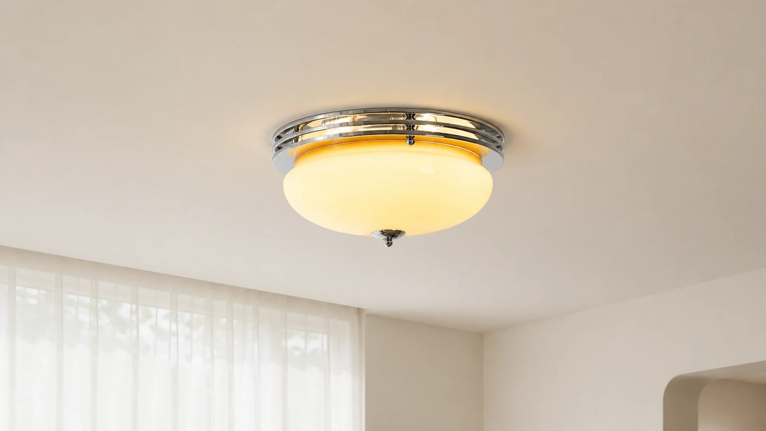Lampa sufitowa Bauhaus Egg Tart P034 zainstalowana w ciepłym wnętrzu