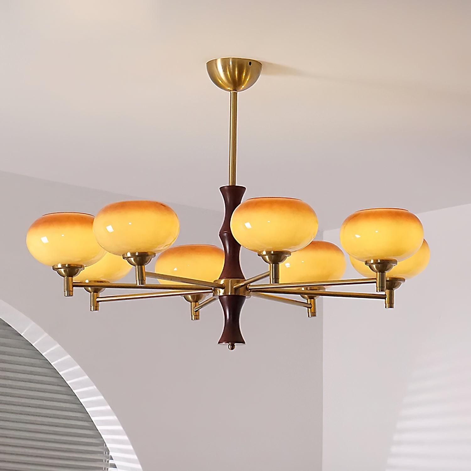 Vintage Mid Century Persimmon Glass Chandelier M306