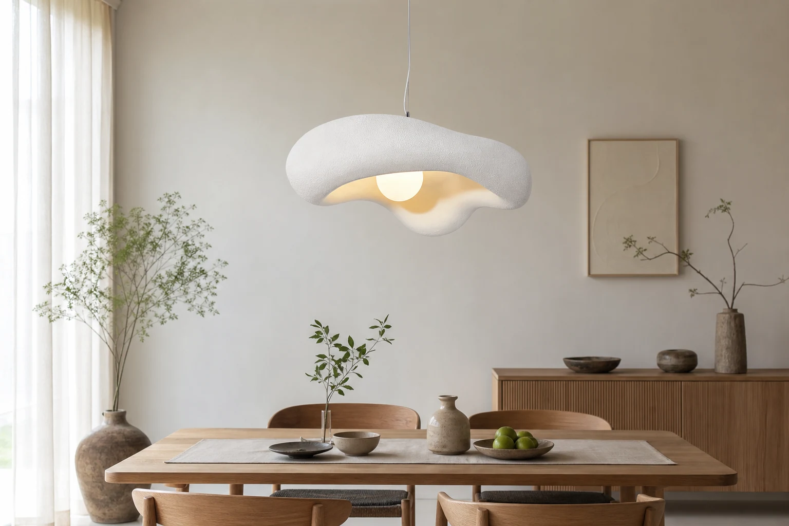 Lifestyle'owa scena jadalniana z lampą wiszącą pośrodku i w pełni widoczną