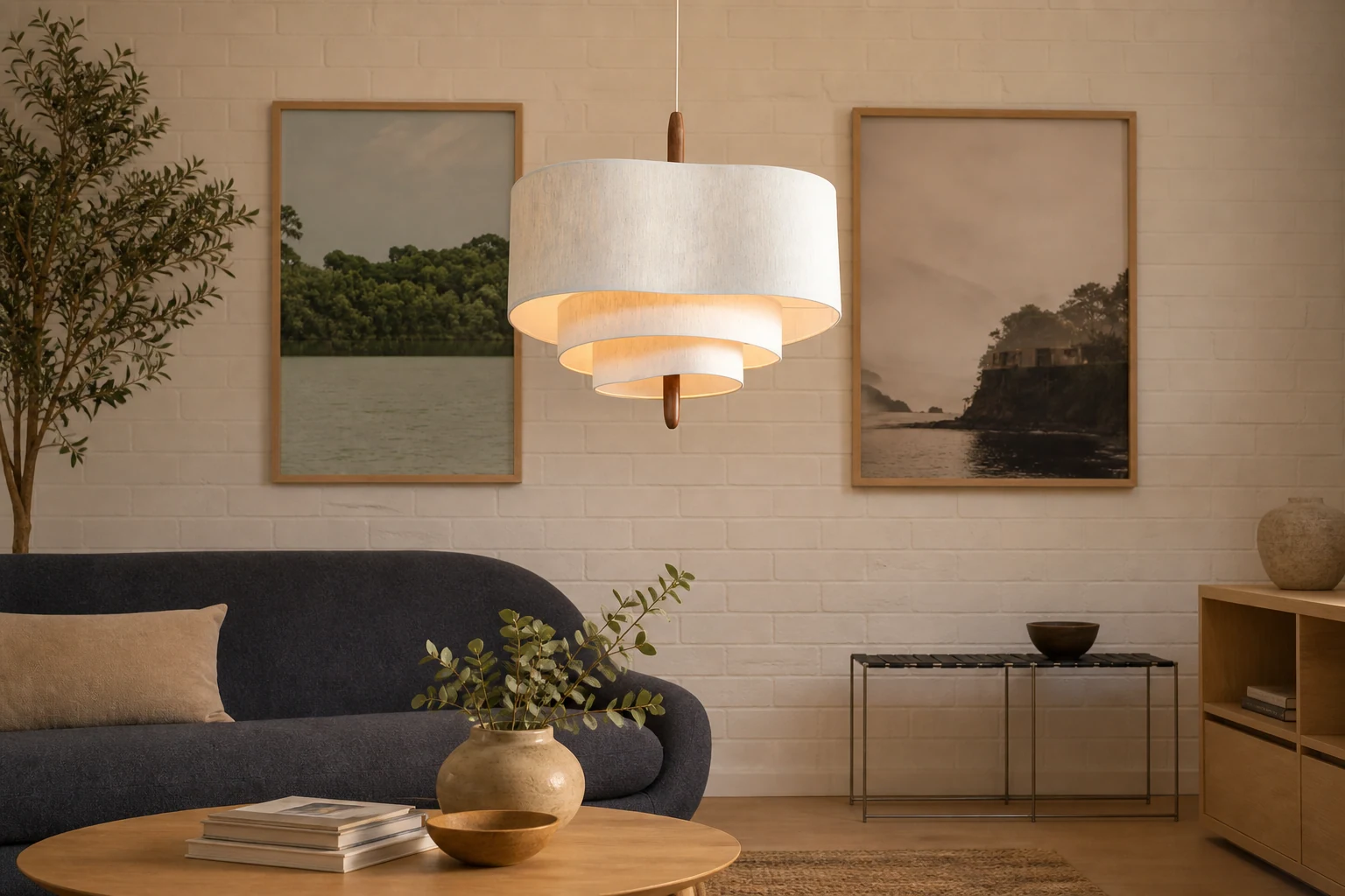 Lampa wisząca z tkaniny w stylu nordyckim retro M145 w scenie lifestylowej
