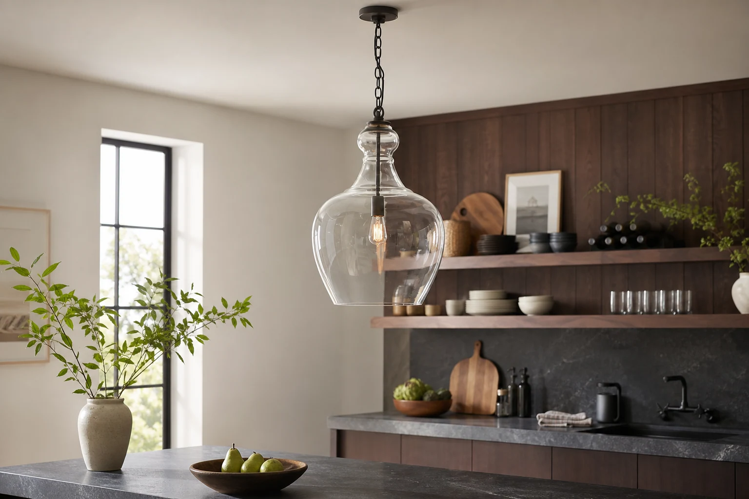 Szklana lampa wisząca Lawson w ciepłej scenerii wnętrza
