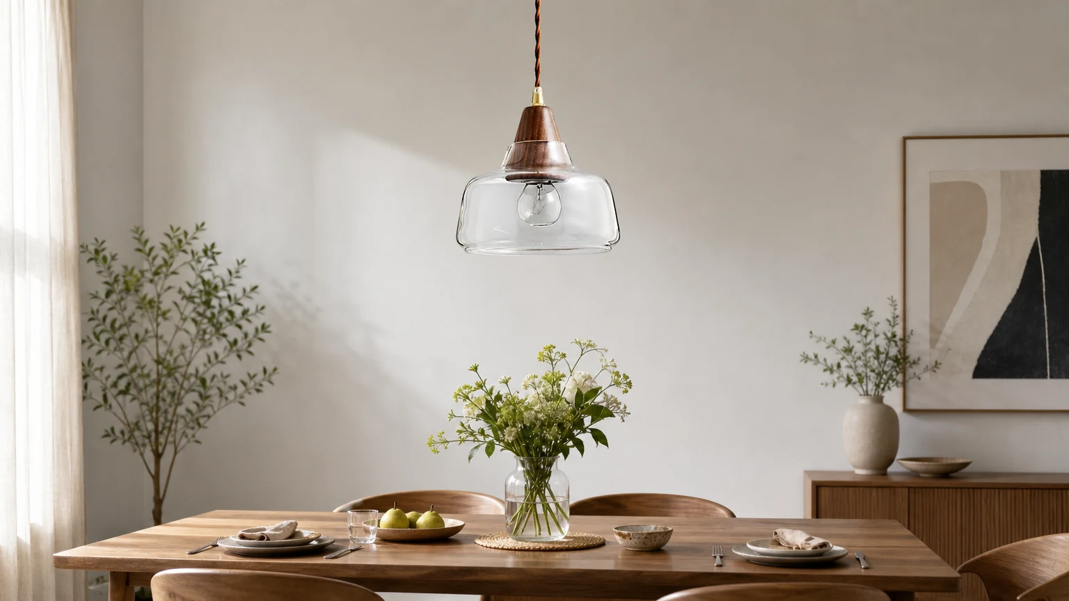 Lampa wisząca ze szkła orzechowego M301 w ciepłej atmosferze jadalni