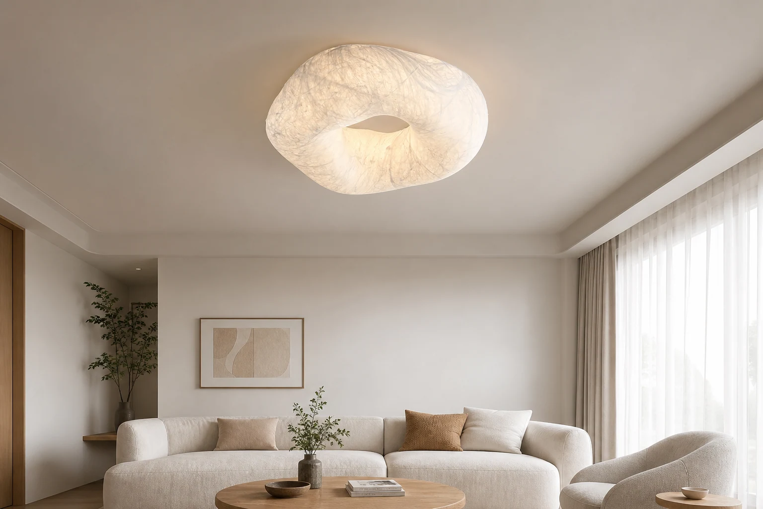 Jedwabna lampa sufitowa M294 pokazana w scenie pomieszczenia zawierającej produkt w kontekście
