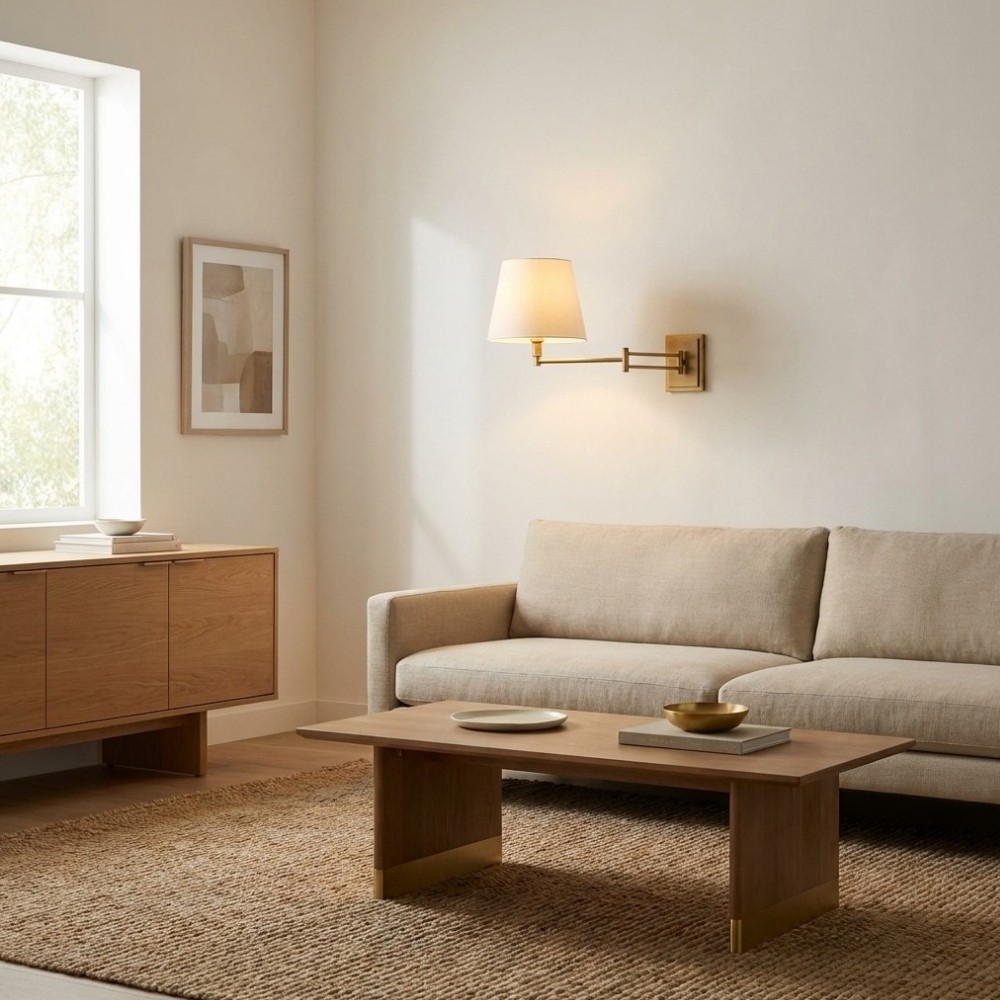 Arcuma Modern Adjustable Arm Wall Sconce with Linen Shade - Contemporary Metal Lighting T498