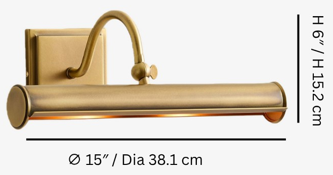 Diagram wymiarowy światła Aurix przedstawiający szerokość 15 cali i wysokość 6 cali
