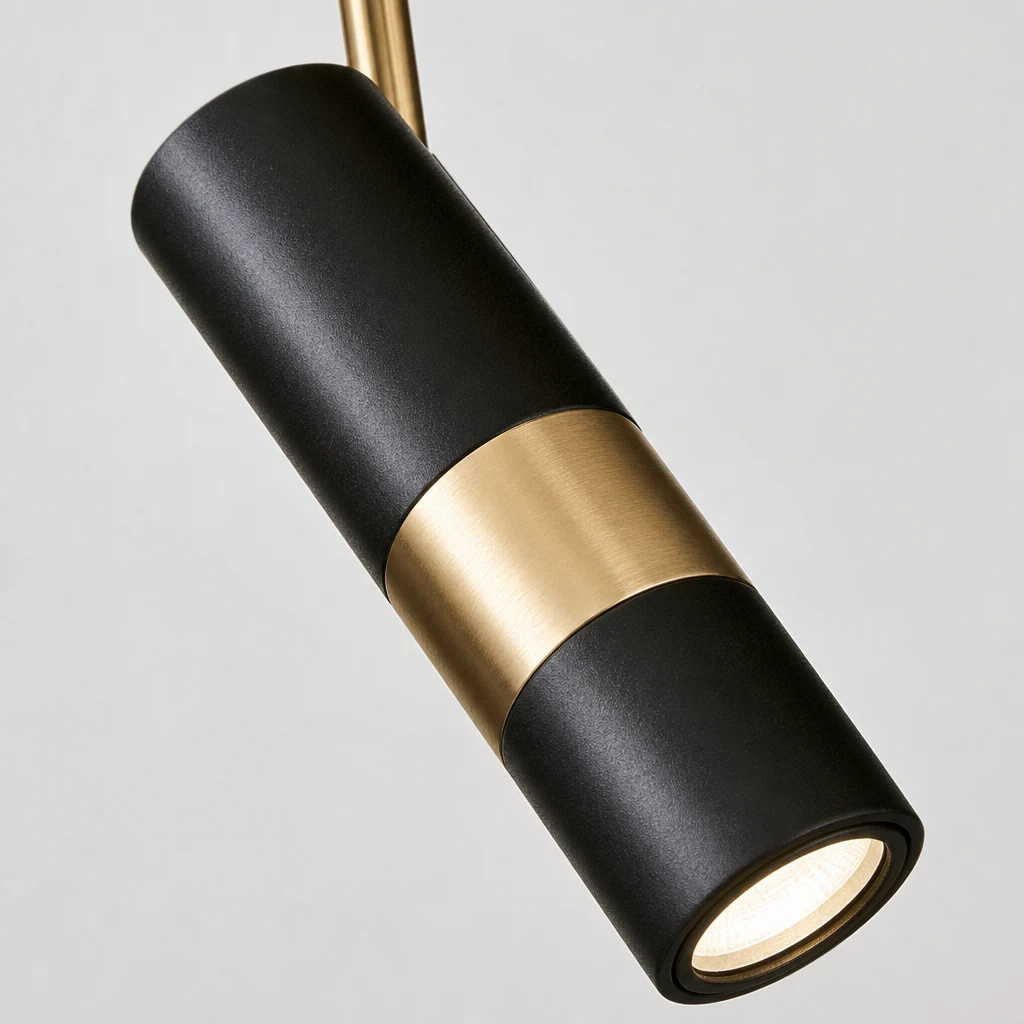 Närbild på D769 pendelspotlight i metallfinish och skarv