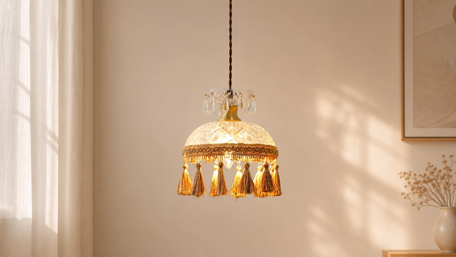 Lampa wisząca Bowl Tassel M491 w ciepłym wnętrzu