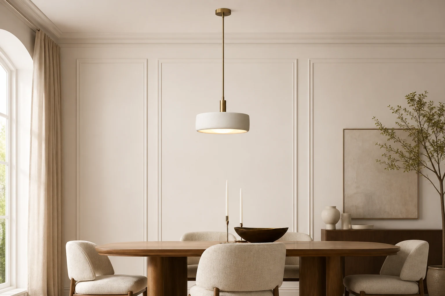 Scena lifestylowa z porcelanową lampą wiszącą G88 pośrodku pokoju