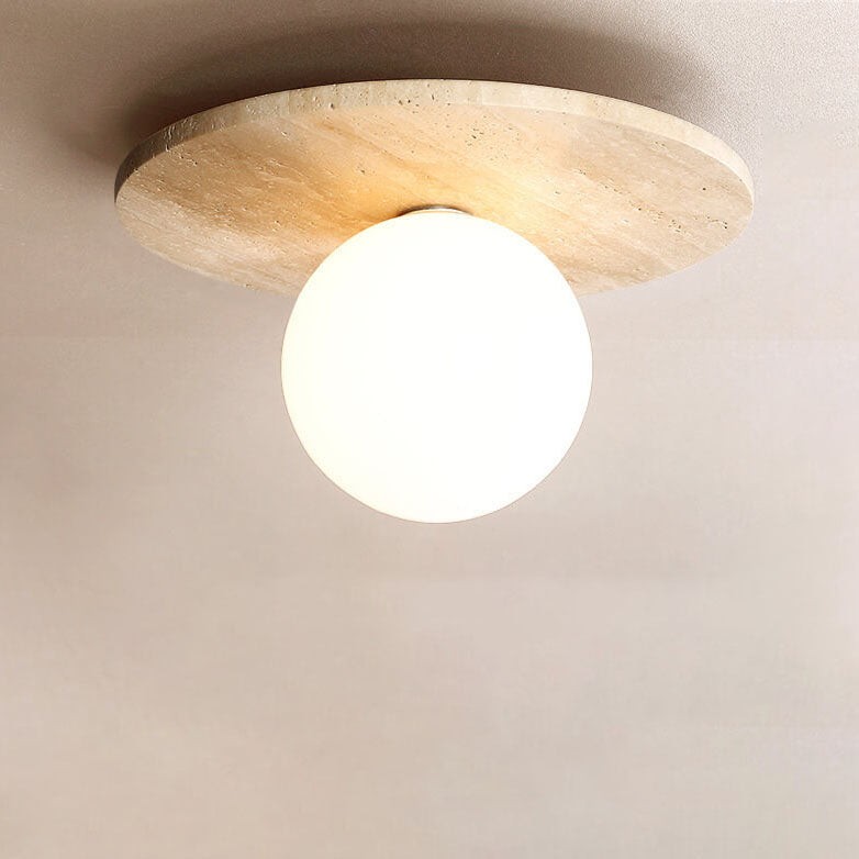 Japanese Minimalist Round Yellow Travertine Shade 1-Light Semi-Flush Mount Ceiling Light G31