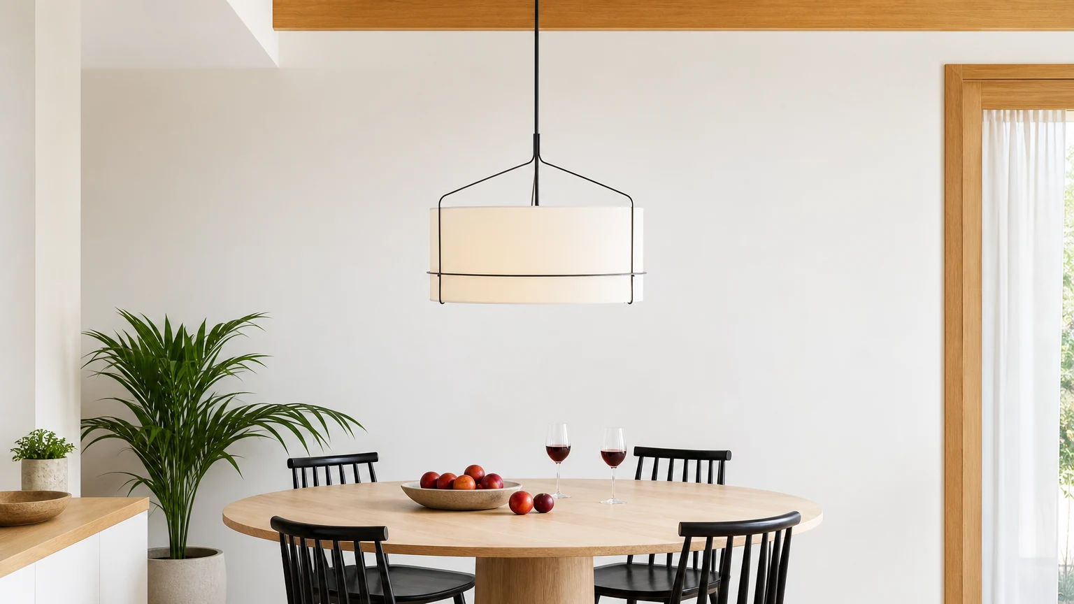 Lampa wisząca Horelia z ciemnego brązu zainstalowana w ciepłym wnętrzu jadalni