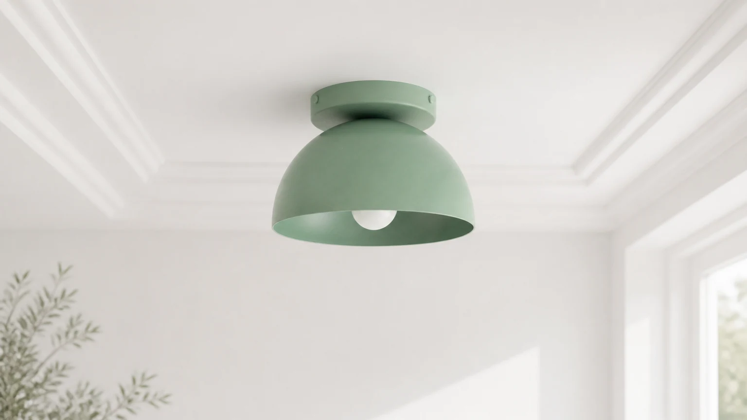 Kolorowa, minimalistyczna lampa sufitowa Metio Dome zainstalowana w czystym wnętrzu