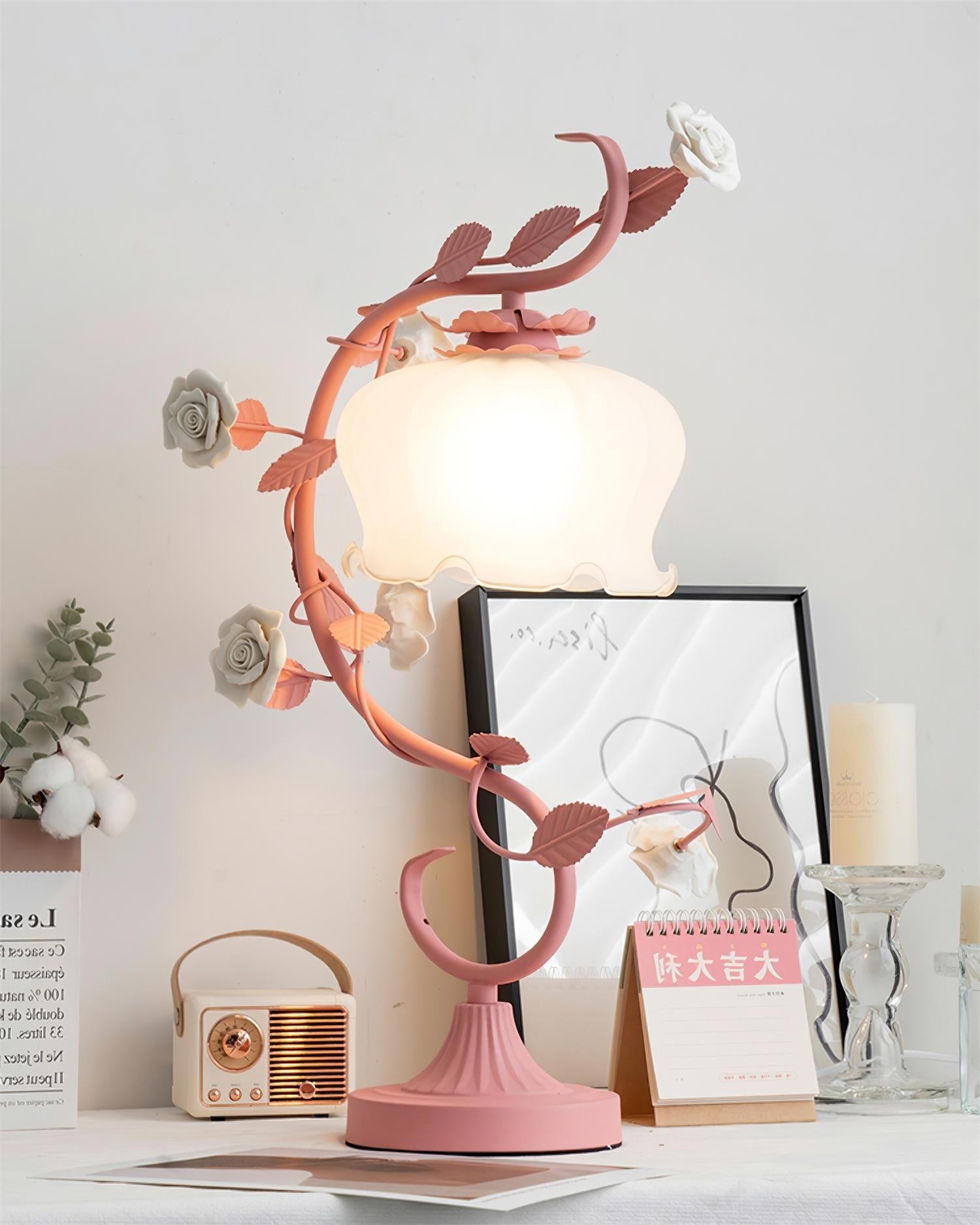 Green Pink White Rose Flower Table Lamp M209