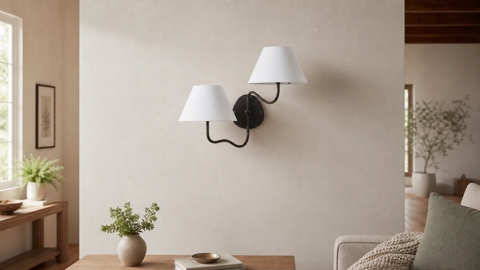 Lámpara de pared Kulo en un interior cálido y contemporáneo.