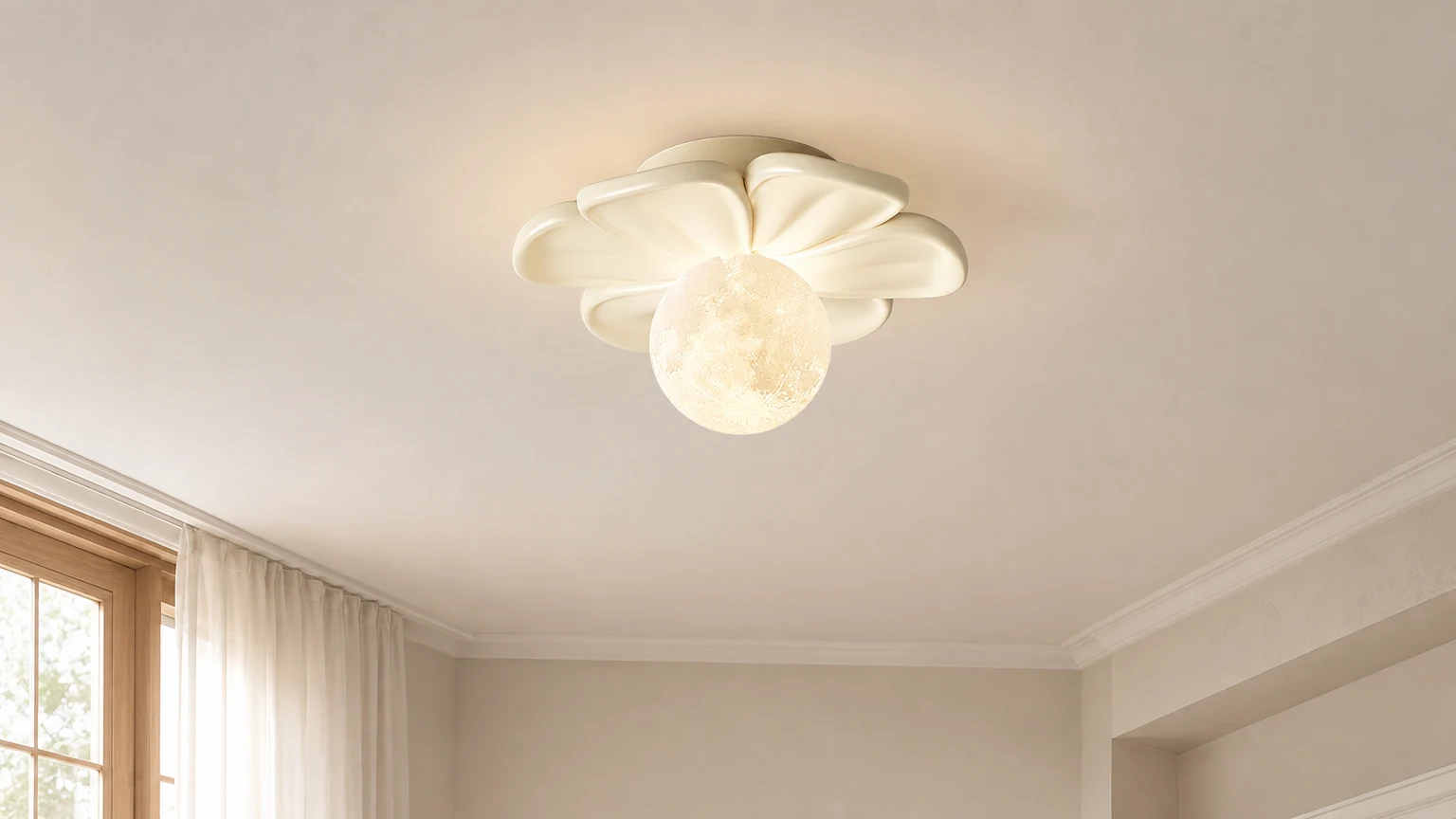 Lampa sufitowa Cream Bloom Flower D408 zamontowana w ciepłym wnętrzu