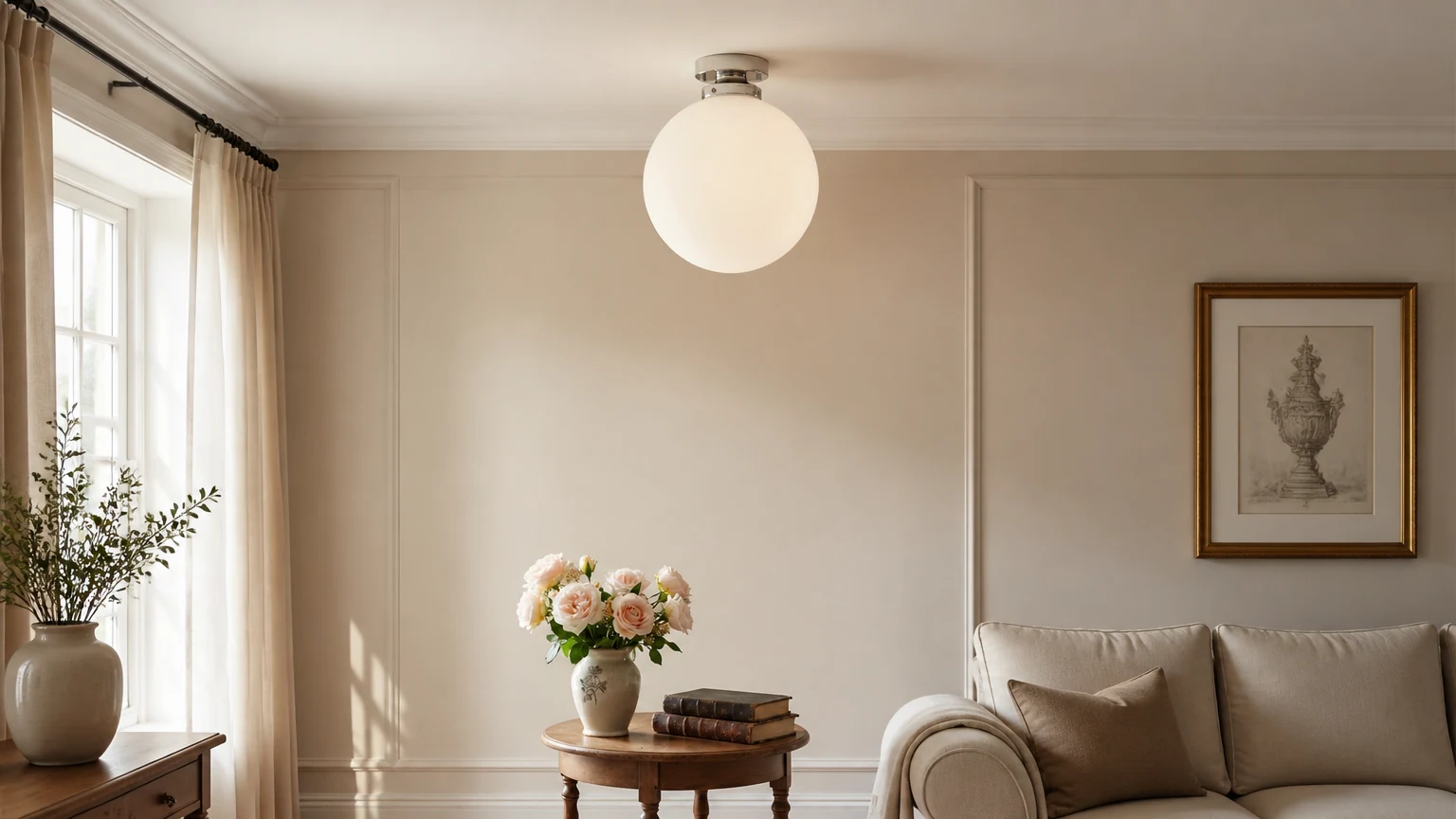 Lampa sufitowa Glorica z matowego szkła w kształcie kuli, pokazana w ciepłej scenerii wnętrza