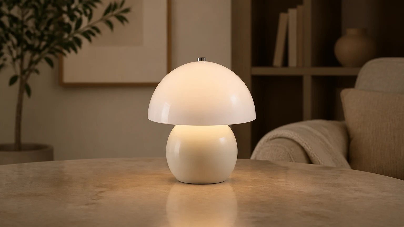Urocza ceramiczna lampa stołowa w kształcie kremowych grzybów S178 w scenie z ciepłym pomieszczeniem