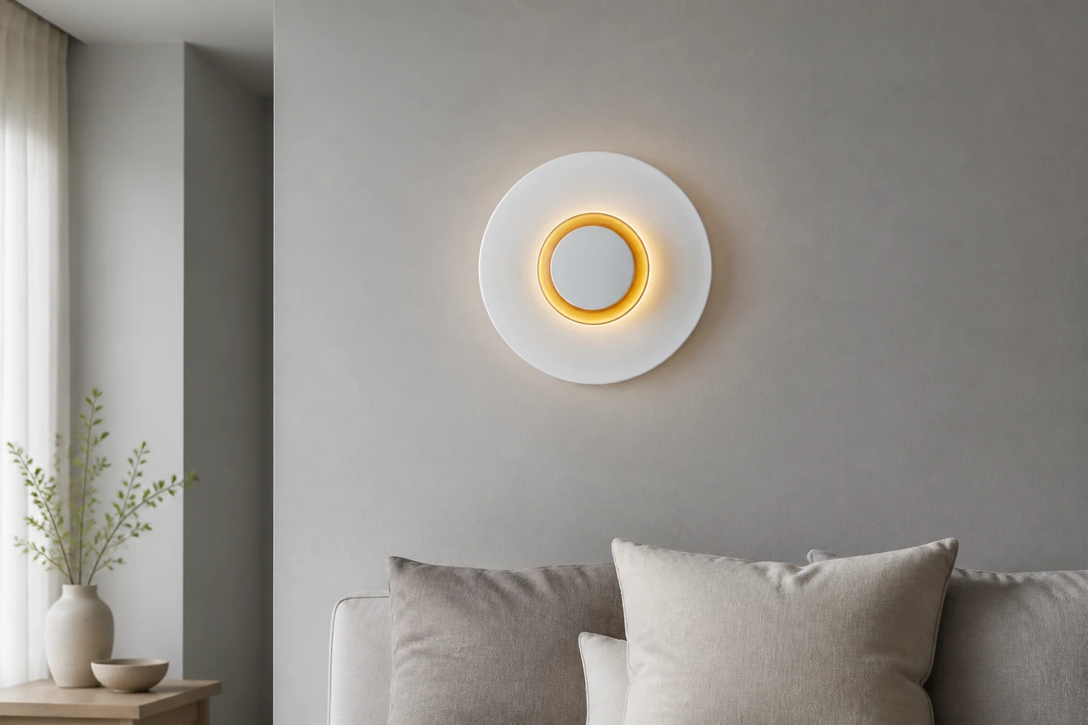Livsstilsromsscene med rund vegglampe i enkel stil P009