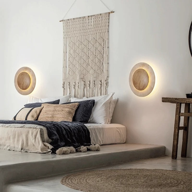 Round Travertine Wood Wall Light D880