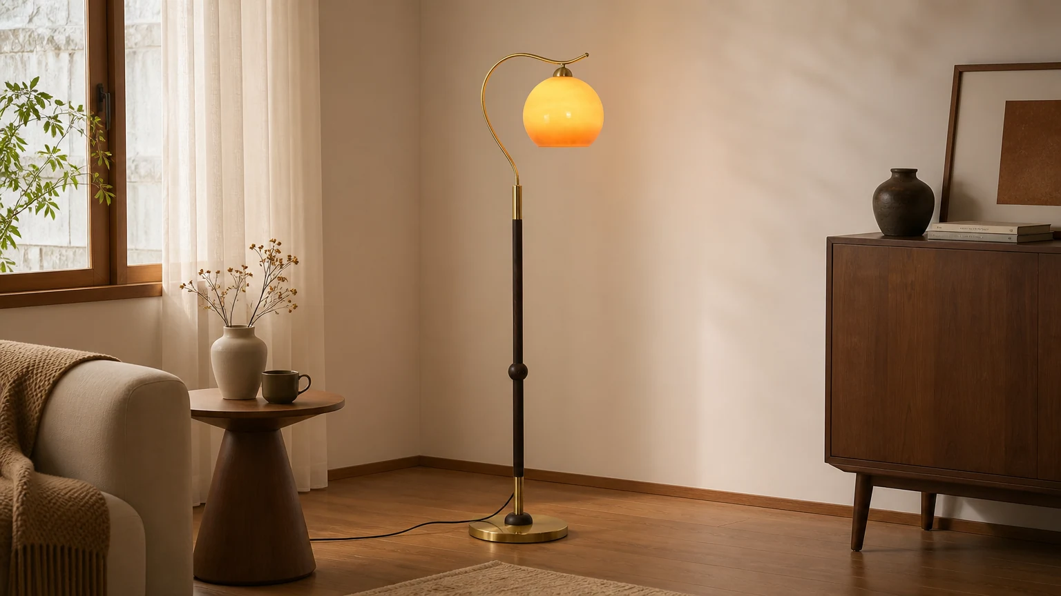 Retro lampa podłogowa do łowienia grzybów M384 w ciepłej scenerii wnętrza
