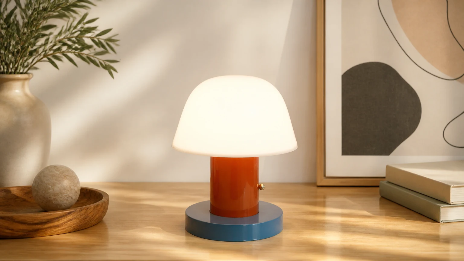 Minimalistisk sopp- og trådløs bordlampe M44 i en varm bordscene