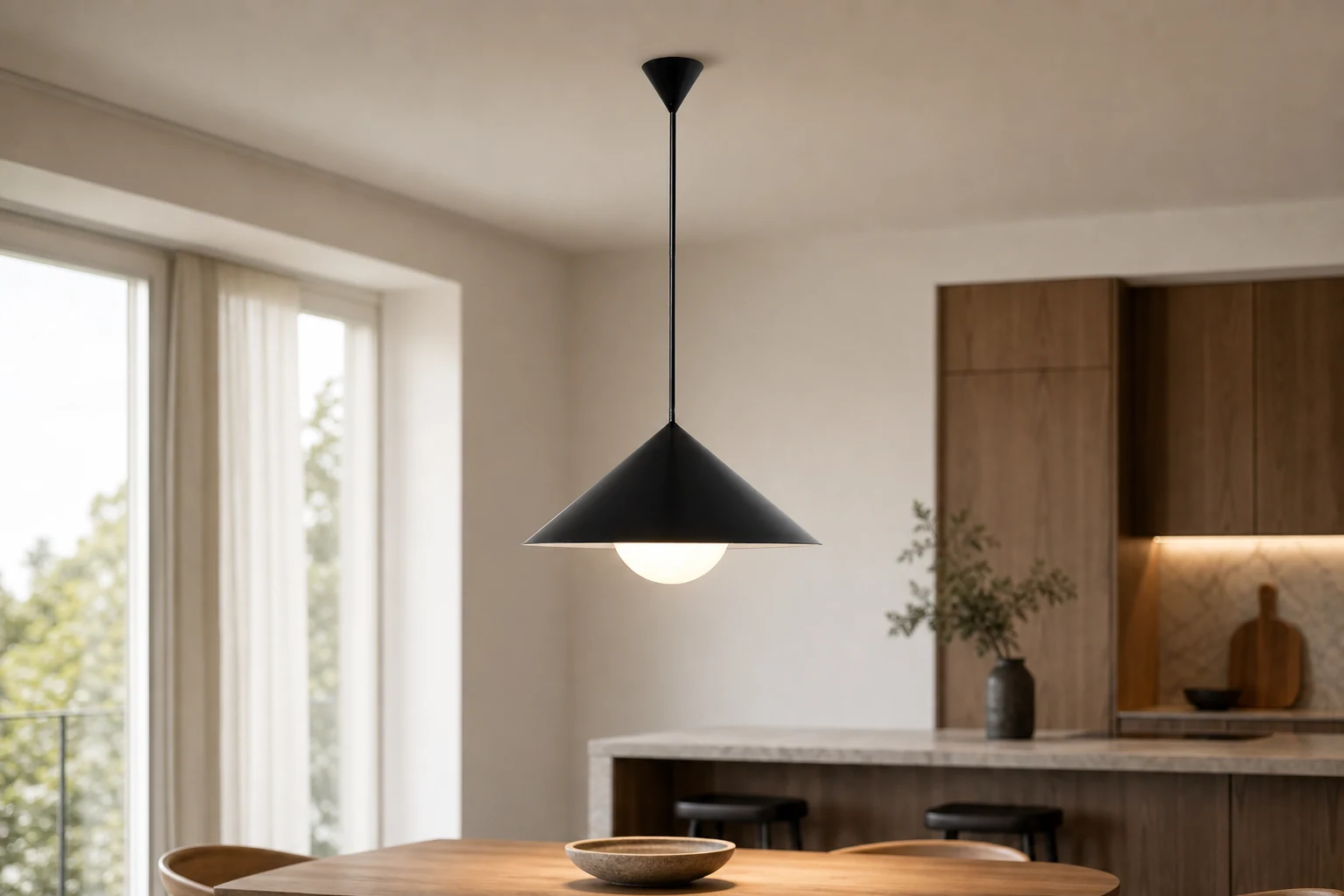 Regulowana lampa wisząca Brivana pokazana w scenie pokoju lifestylowego