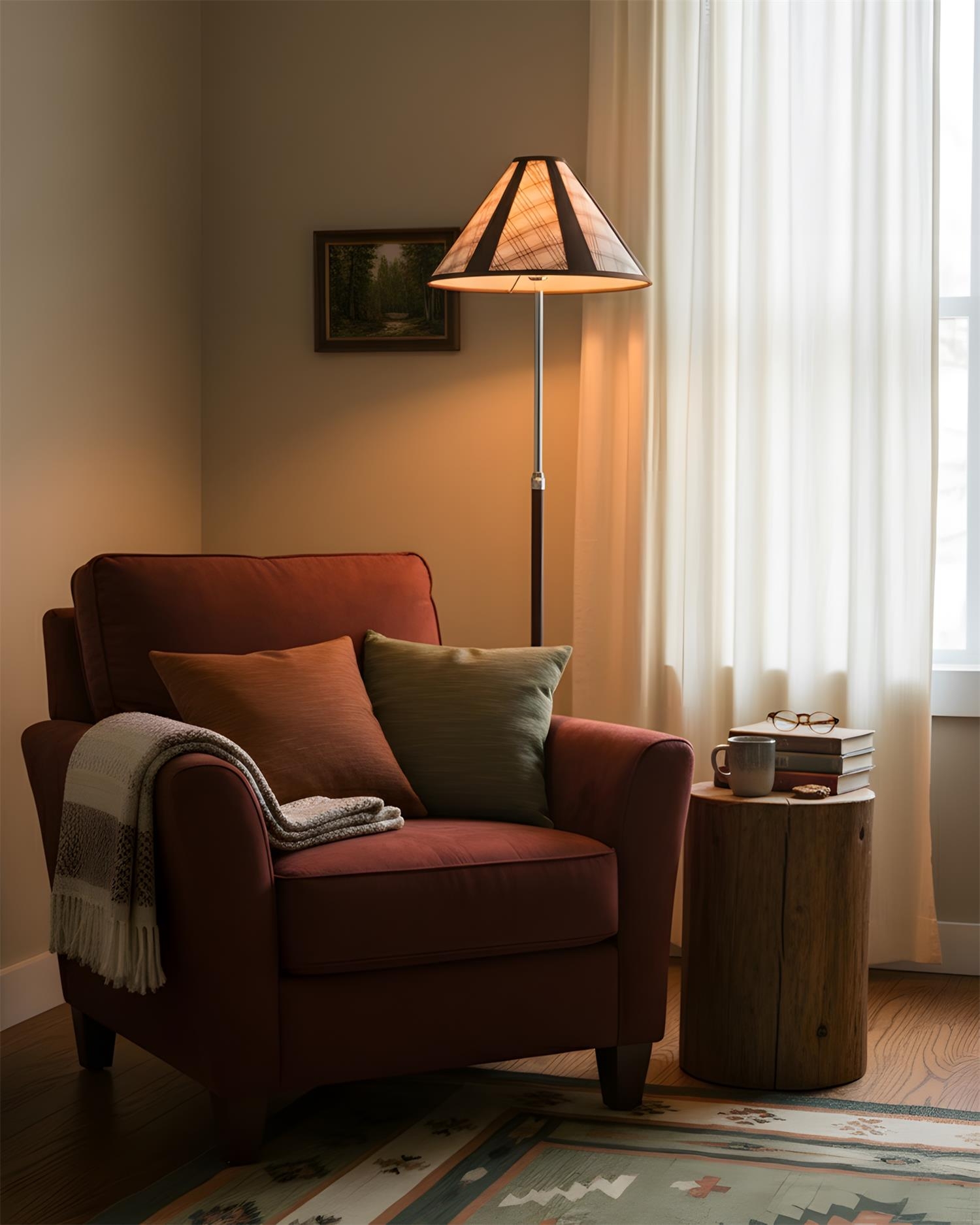 Zapalona lampa podłogowa Hearthline obok czerwonego fotela