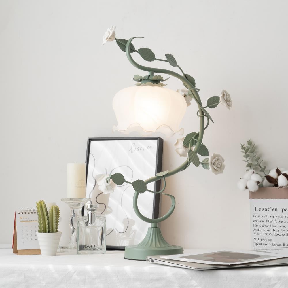 Green Pink White Rose Flower Table Lamp M209