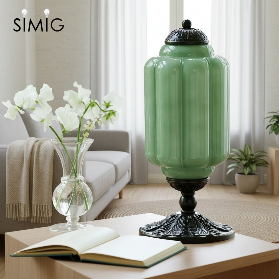 Grön Eloise-lampa på ett soffbord i ett vardagsrum