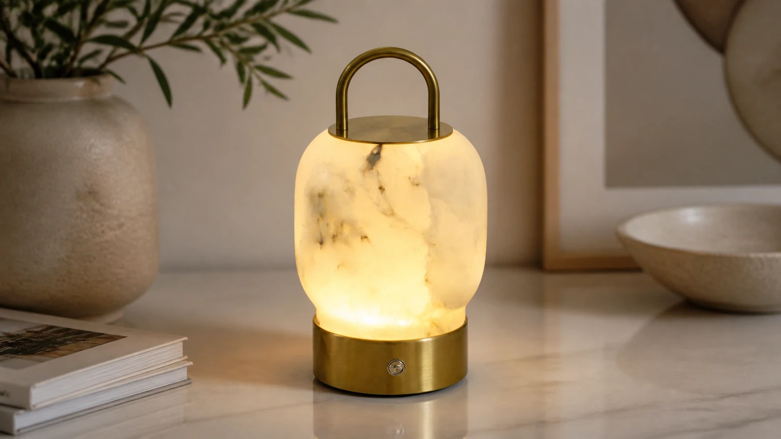 Alabaster przenośna akumulatorowa lampa stołowa D397 w ciepłej scenie na blacie