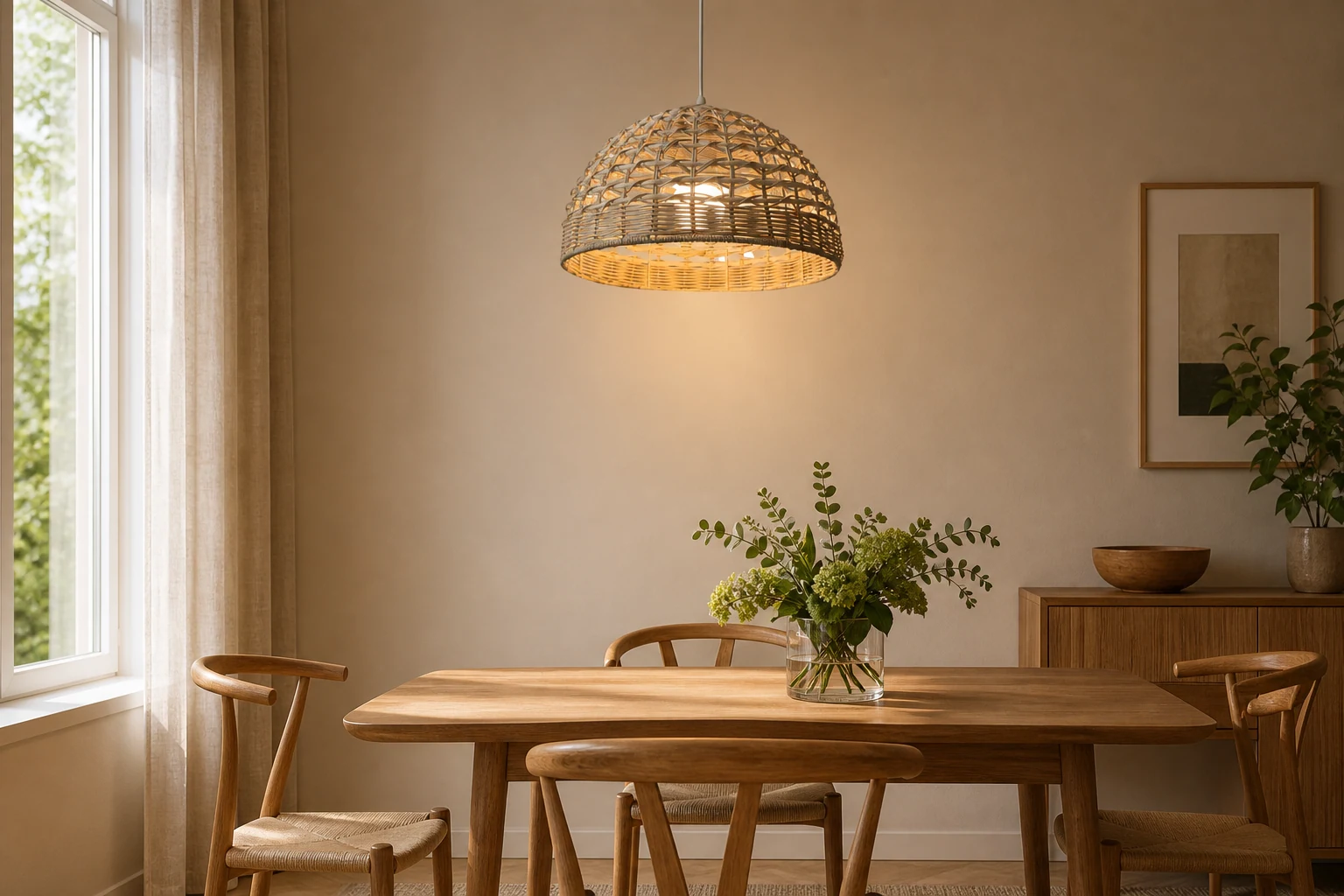 Bambusowa lampa wisząca w delikatnej scenerii pokoju lifestylowego