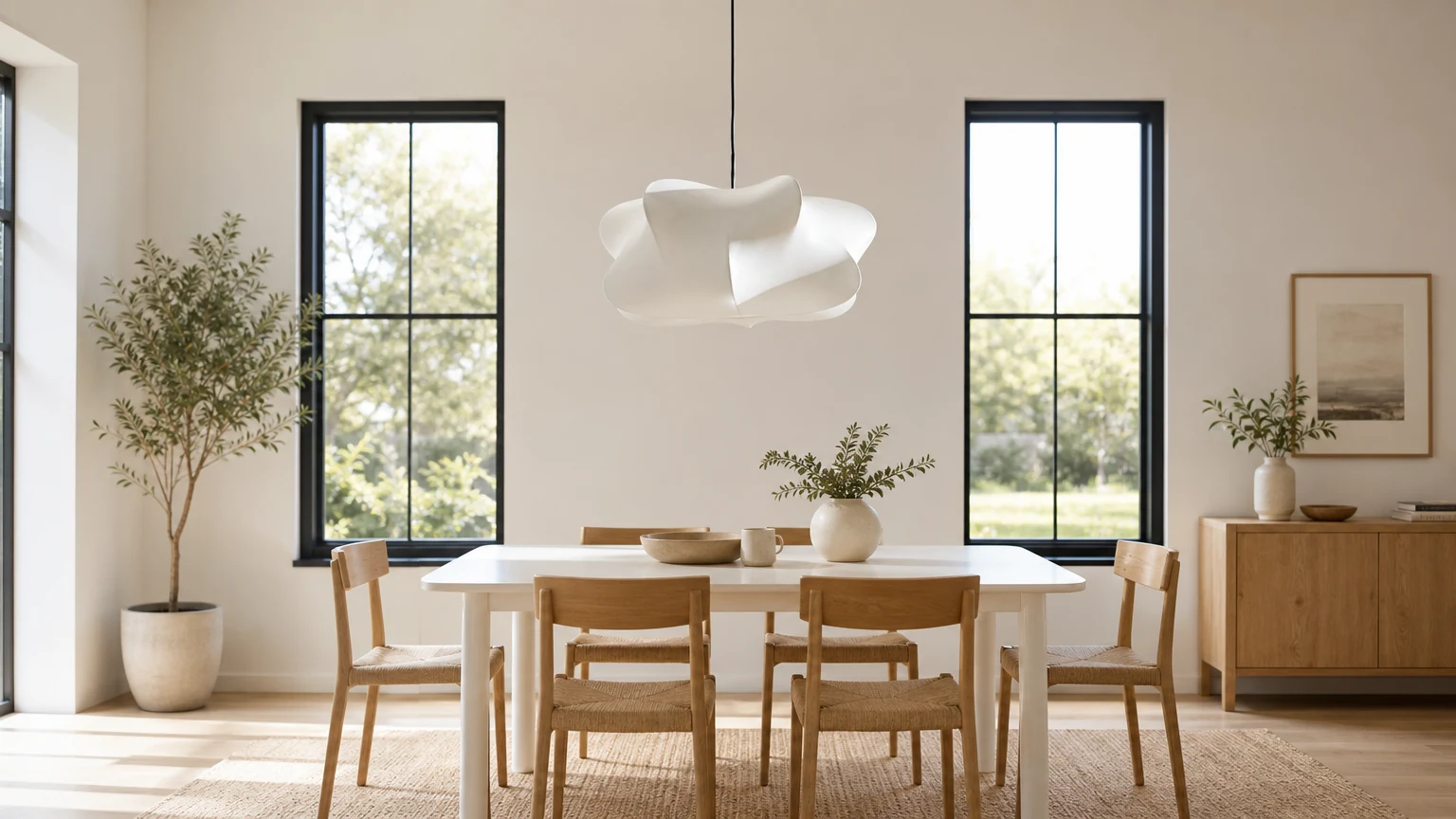 Minimalistyczna lampa wisząca Havion pokazana w ciepłej scenie jadalni