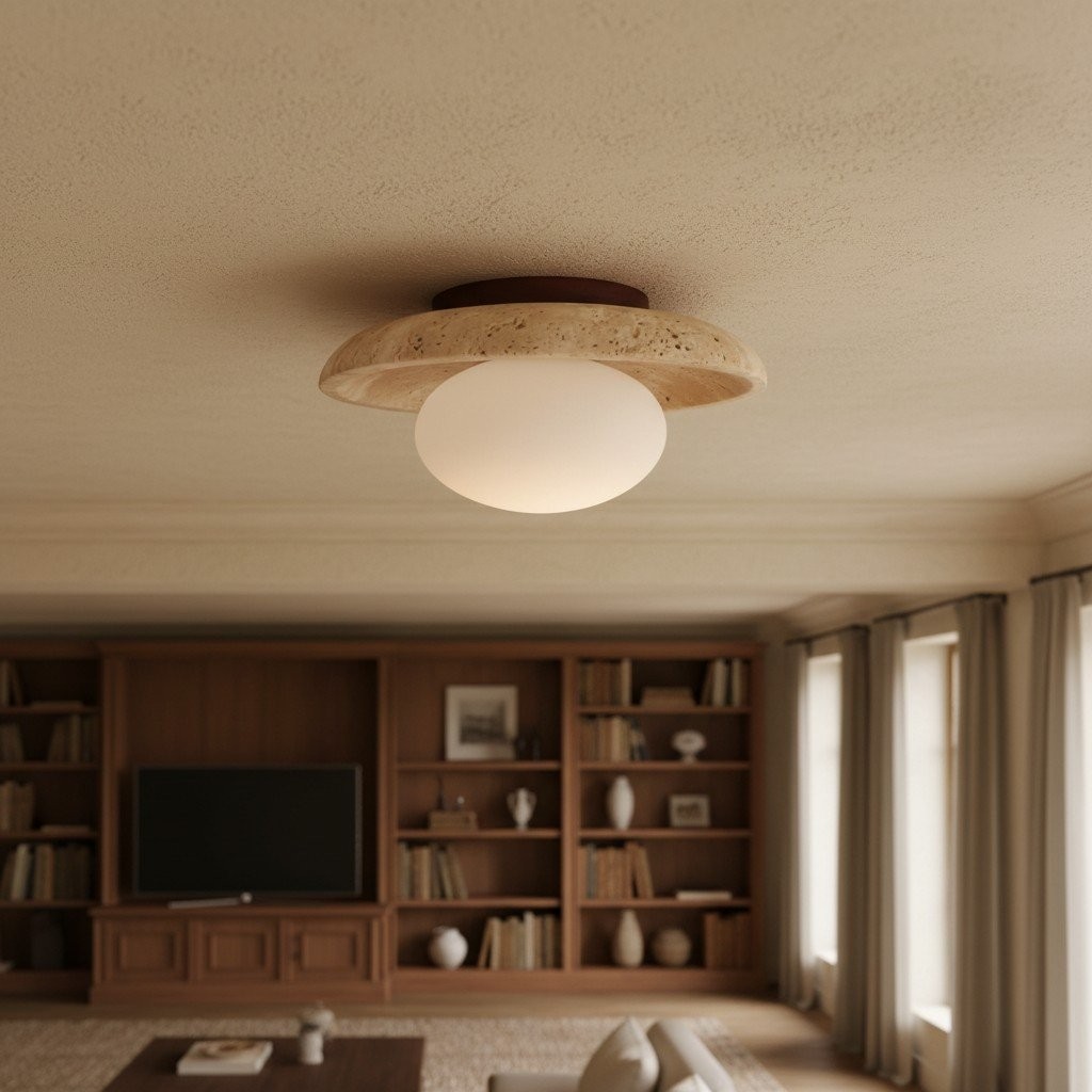 Calivra Modern Travertine Round Ceiling Light - Minimalist Flush Mount Lamp for Hallway and Bedroom T502