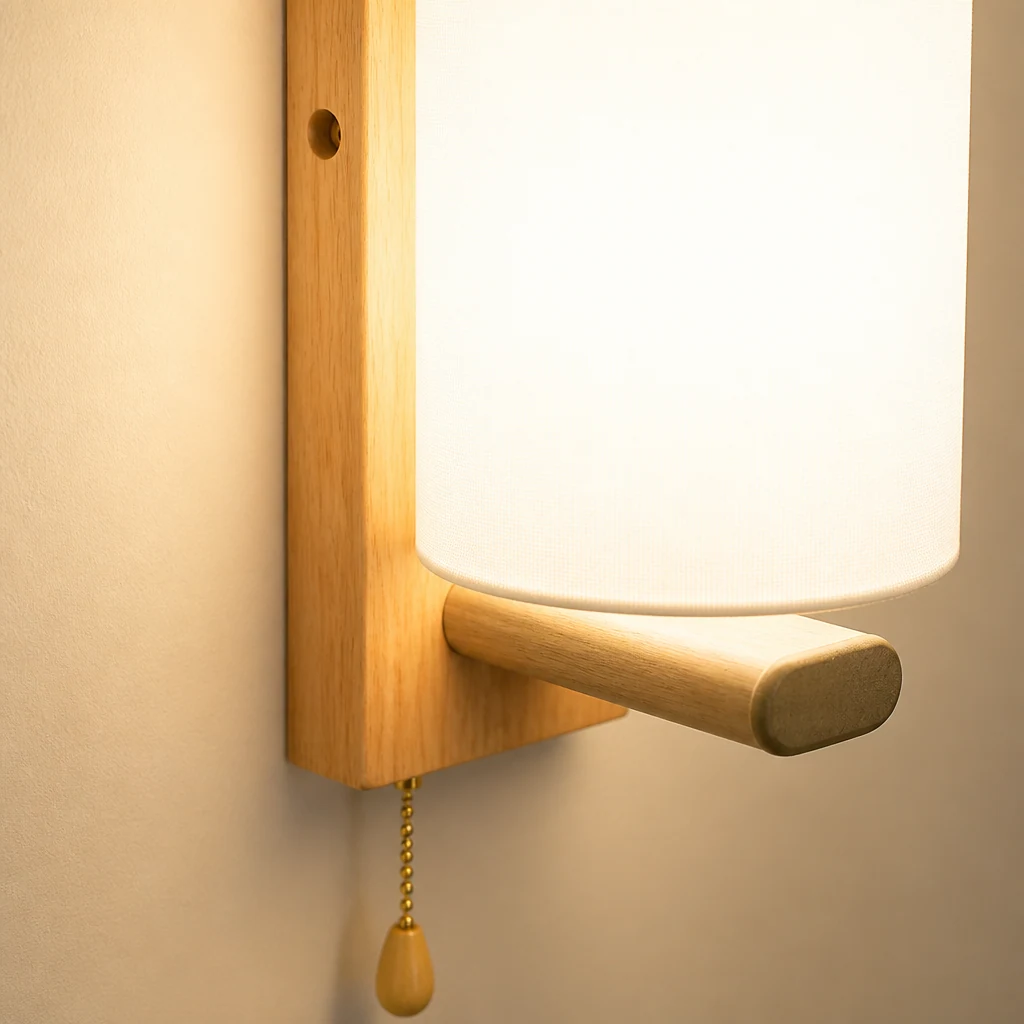 Close-up detail of the wooden and glass wall lamp