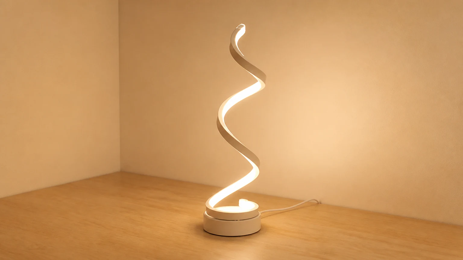 Lámpara de escritorio con figura geométrica en un entorno de mesa cálido.