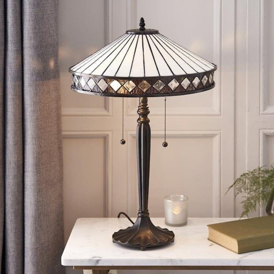 TF Fargo Geometric Tiffany Style Lamp - Amber and Cream Glass Accent Lighting for Bedroom or Study T643