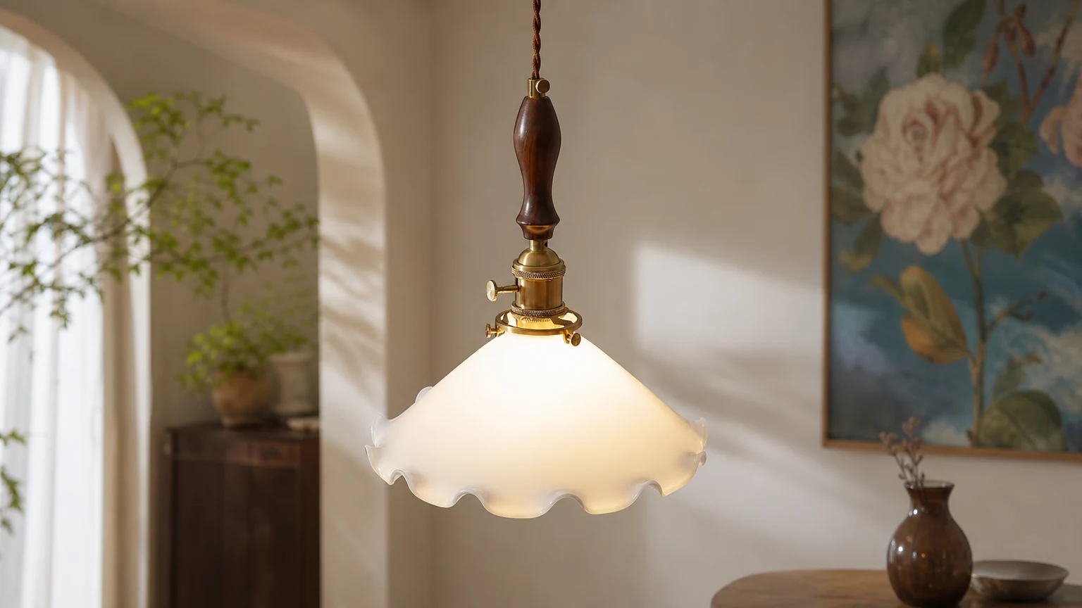 Lampa wisząca Mleczny Kwiat M354 pokazana jako kompletna lampa wisząca w ciepłym wnętrzu