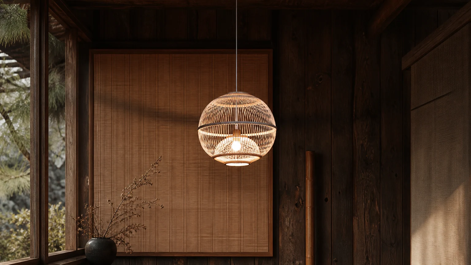 Ogrodnictwo Wabi-sabi Retro lampa wisząca w ciepłej, naturalnej scenerii pomieszczenia