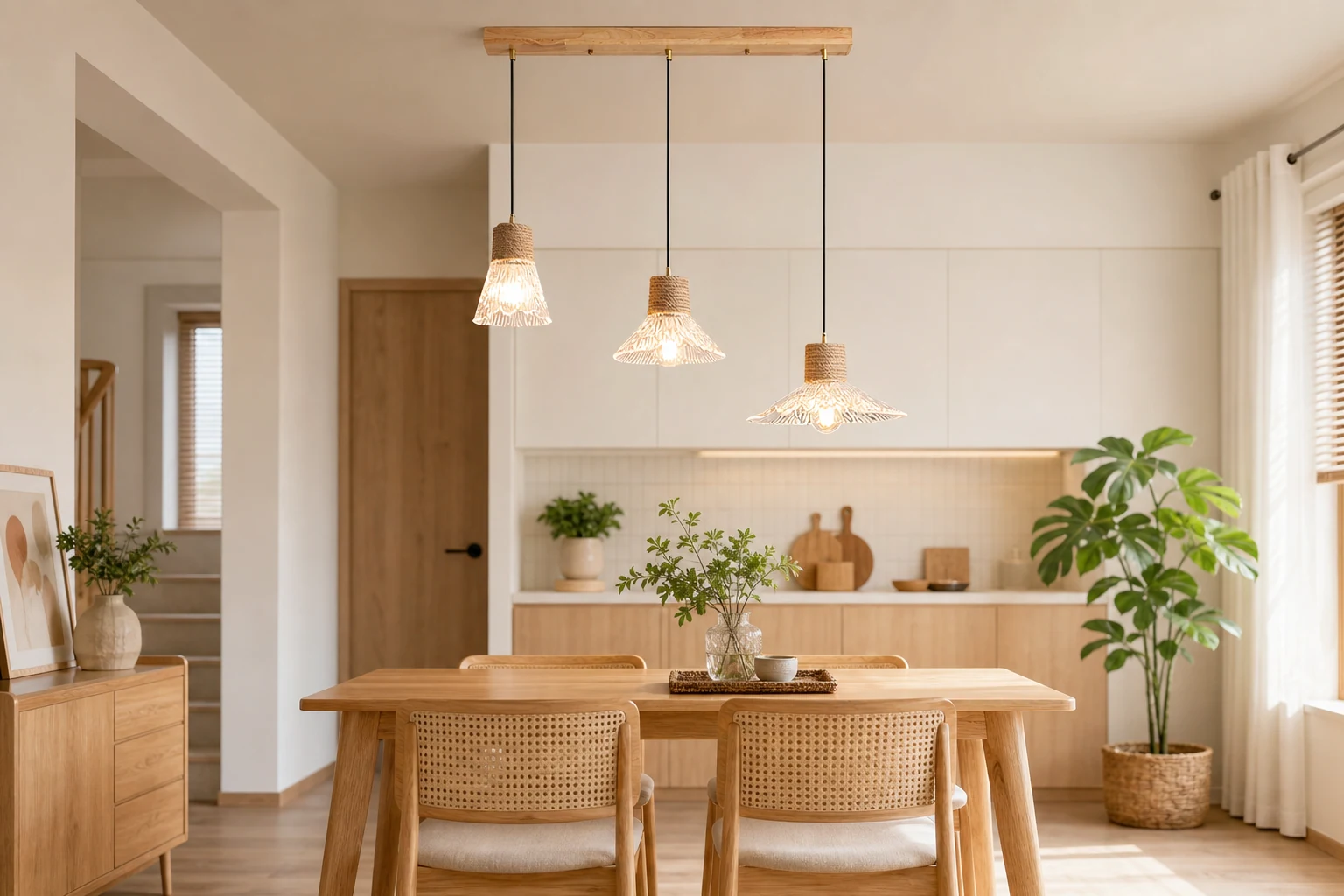 Lampa wisząca ze szkła konopnego w stylu nordyckim w scenie lifestylowej